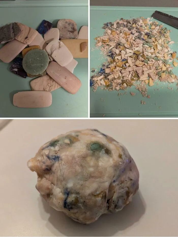 Unusual DIY projects showing steps of crushing leftover soap scraps to form a single soap ball