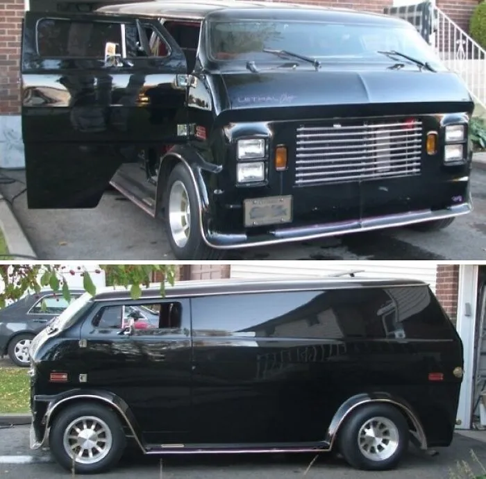 Front and side view of a chopped black custom van, one of many weird and wonderful vehicles.