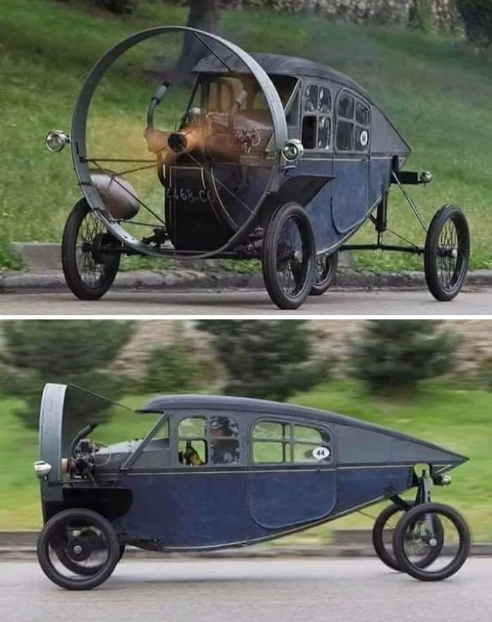 Vintage propeller-driven Leyat Helica car, among unusual wonderful vehicles.