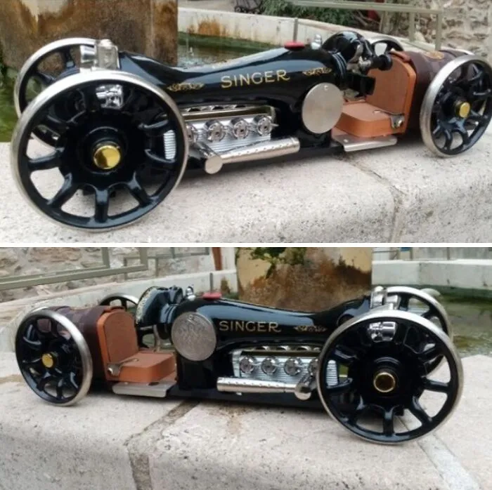 Miniature car sculpture built from vintage Singer sewing machine parts as weird and wonderful vehicles.