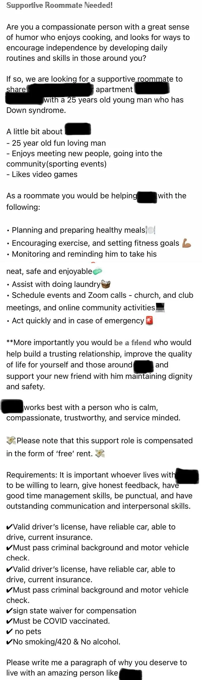 A screenshot of a demanding online advertisement seeking a supportive roommate.