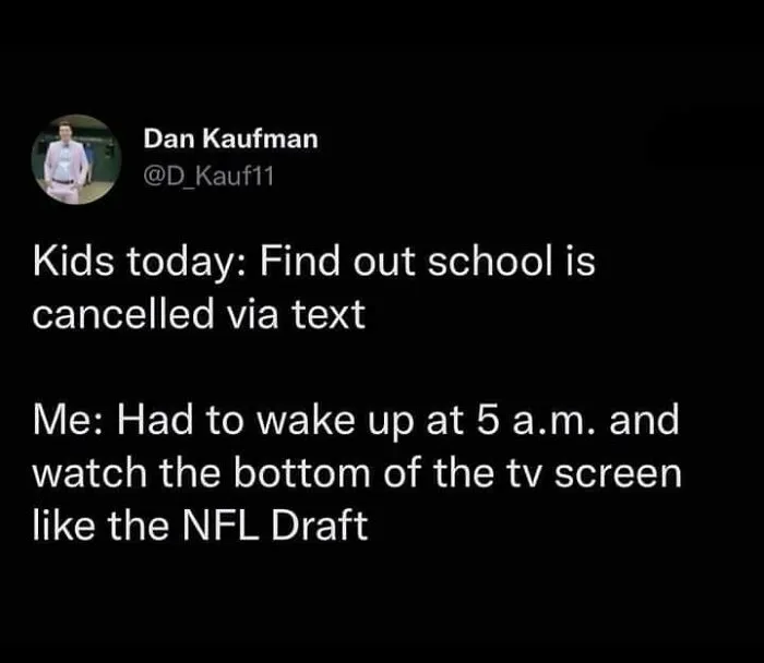 Relatable tweet about waiting for school snow day announcements, a core memory among nostalgic images