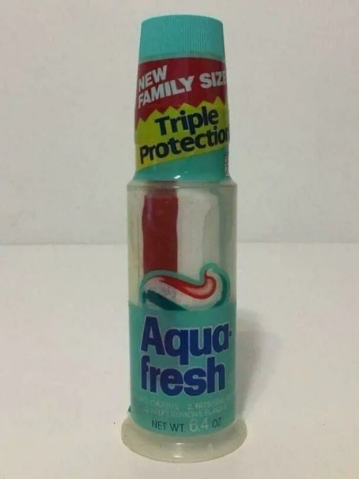 Nostalgic image of retro Aquafresh stand up toothpaste pump for 90s kids