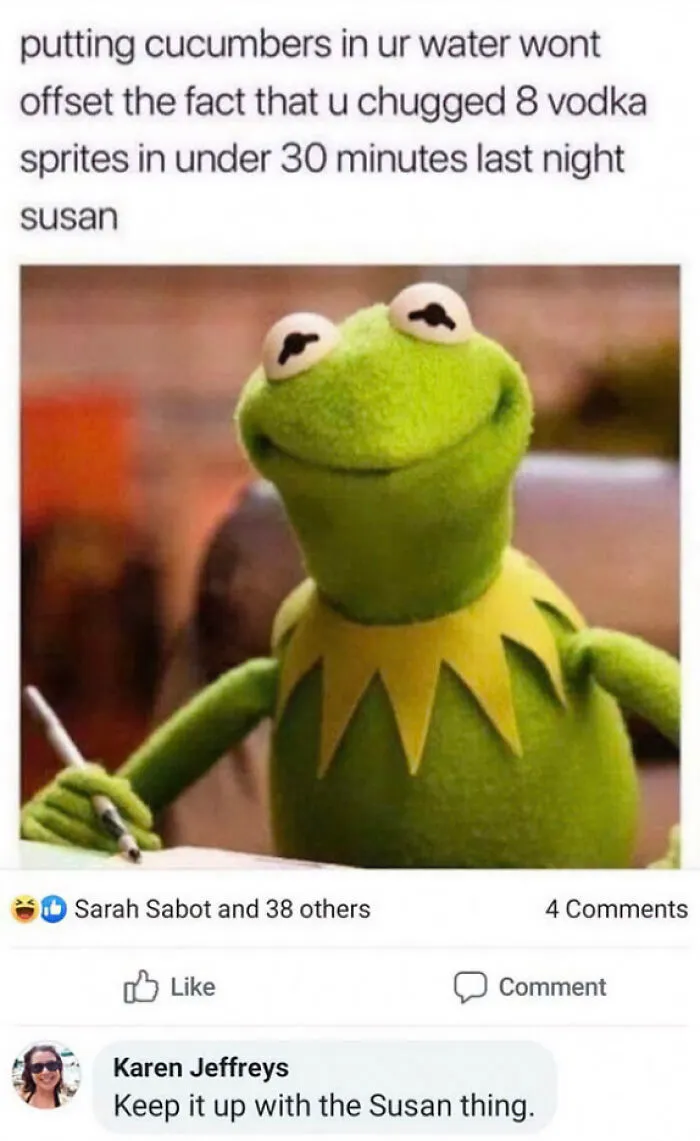 Social media post with Kermit the Frog about Susan, with a comment from Karen Jeffreys.