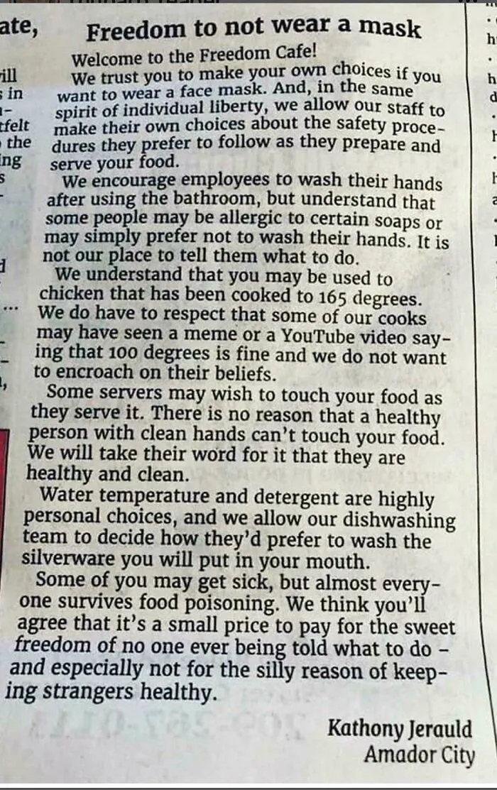 Satirical newspaper article about the Freedom to not wear a mask, highlighting entitled Karen behavior.