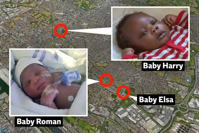 Aerial map overlay showing locations of abandoned babies, a subject of creepy mysteries online.