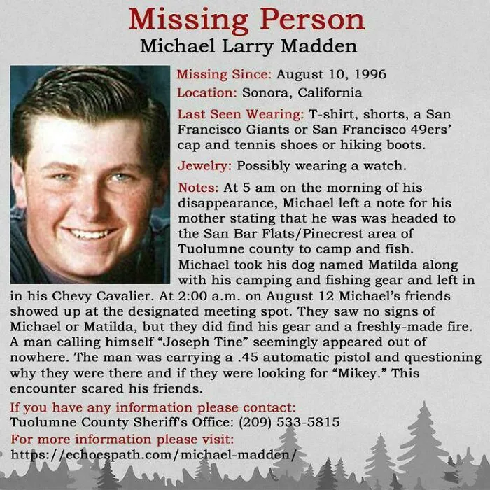 Missing person poster for Michael Larry Madden, representing creepy mysteries from the web.