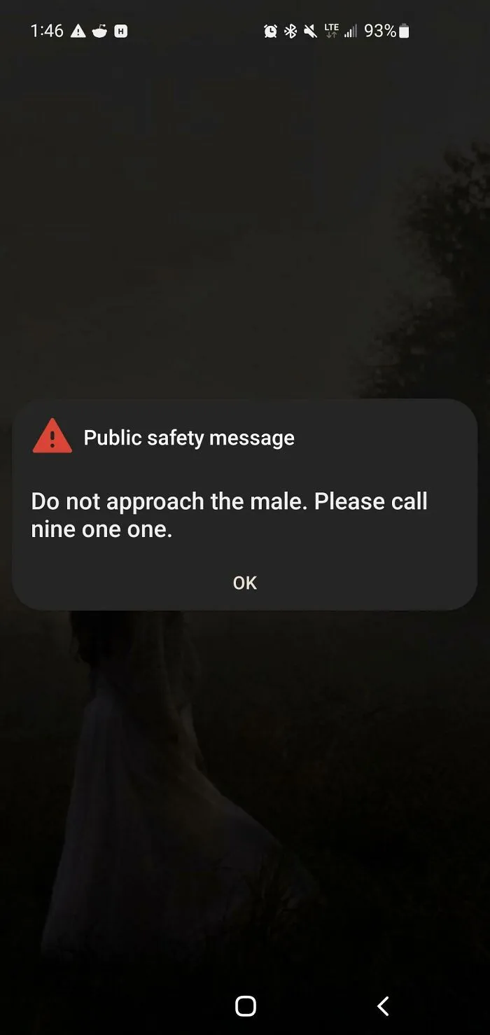 Phone screen showing a creepy public safety message alert about an unknown male.