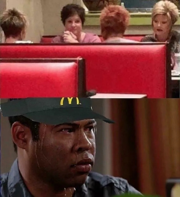 Meme of a sweating fast food employee looking at a group of women with the Karen haircut