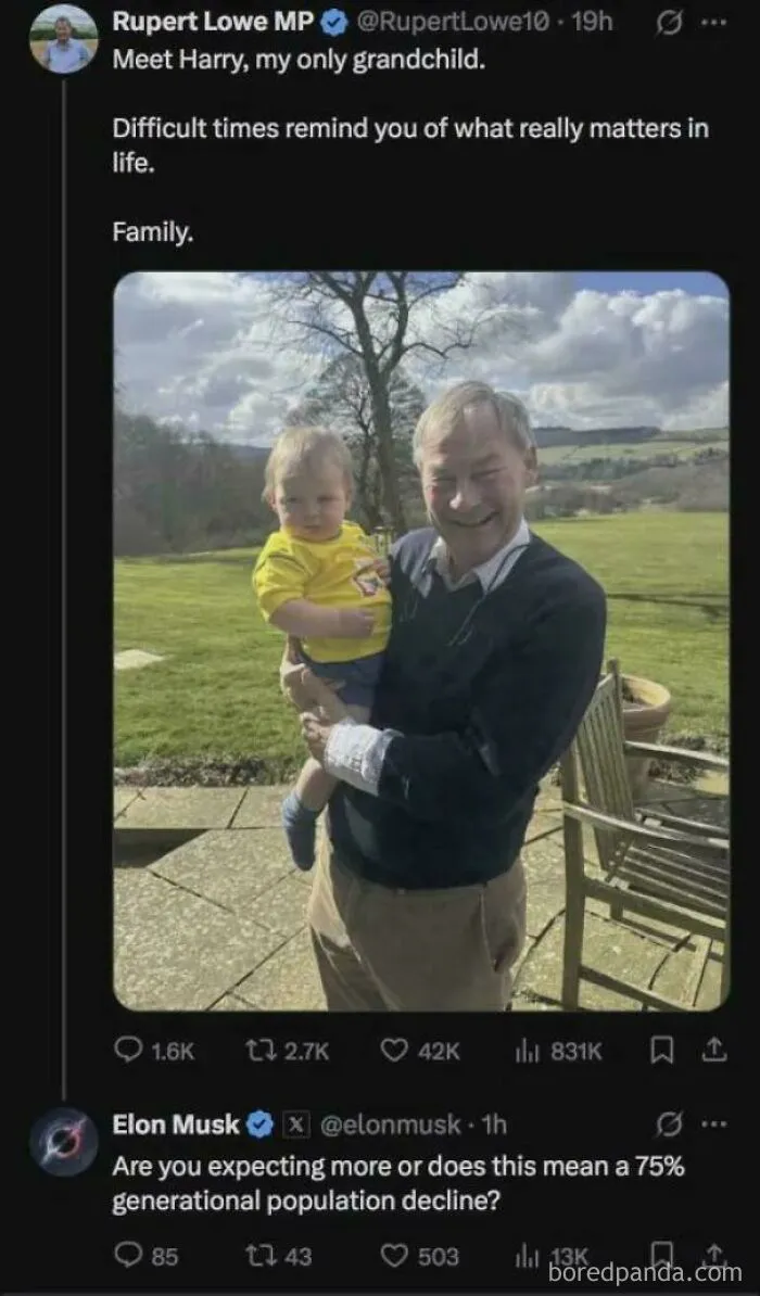 Cringe social media exchange showing an odd reply from Elon Musk to a man and his grandchild.