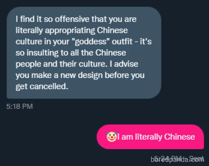 A text message interaction where someone falsely accuses a Chinese person of cultural appropriation