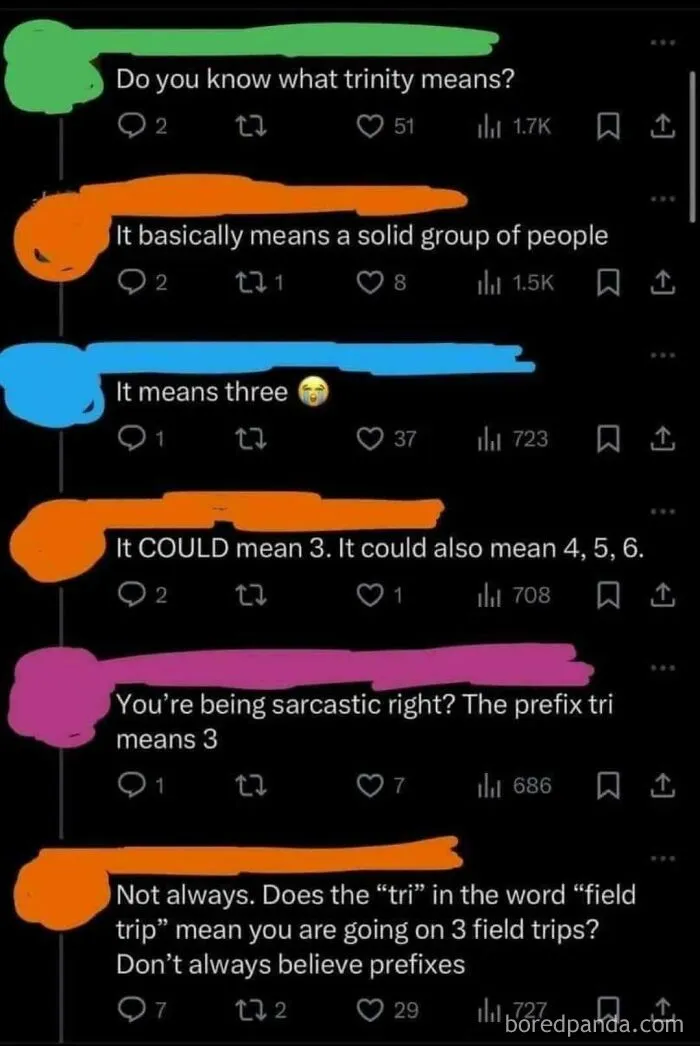 Cringe-inducing online debate screenshot about the definition of the prefix tri and trinity