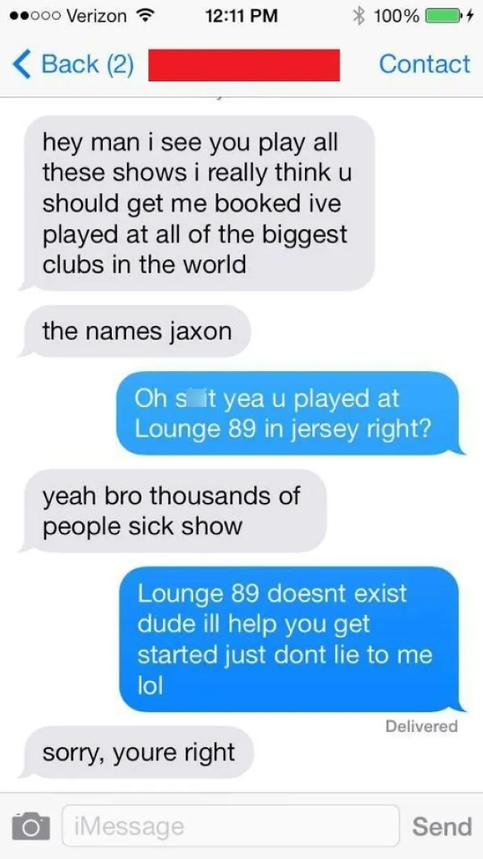 A cringe text message conversation where someone is caught lying about a venue.