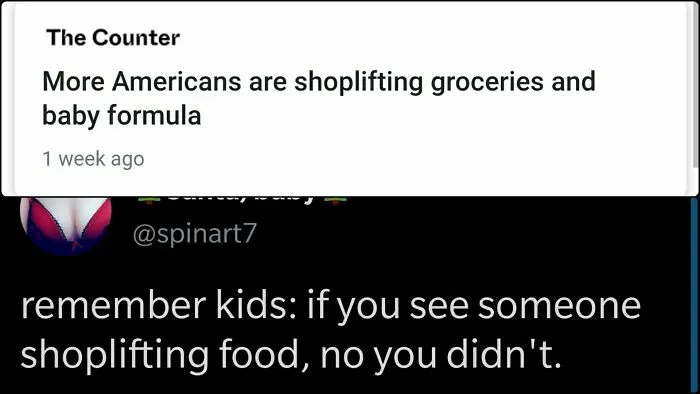 An article headline about shoplifting groceries, representing a challenge in modern life in America.