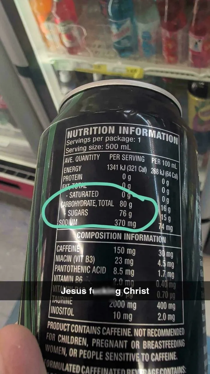 Energy drink nutrition label showing high sugar content, common in modern life in America.