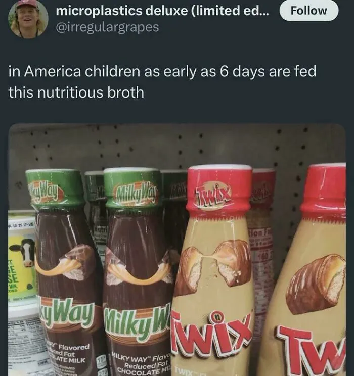 Chocolate milk styled as candy bars, representing processed foods in modern life in America.