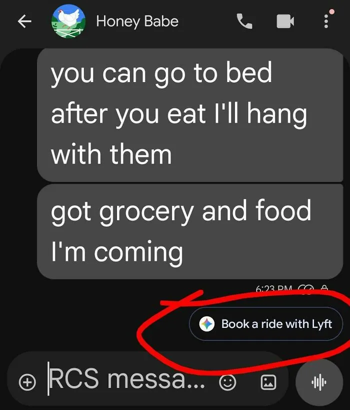 An automated text suggesting to book a ride with Lyft during a chat, showing aspects of modern life in America.