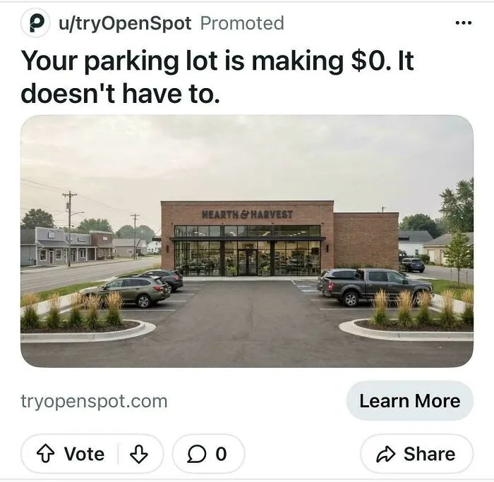 A promoted ad showing a parking lot with text asking to monetize it, depicting modern life in America.