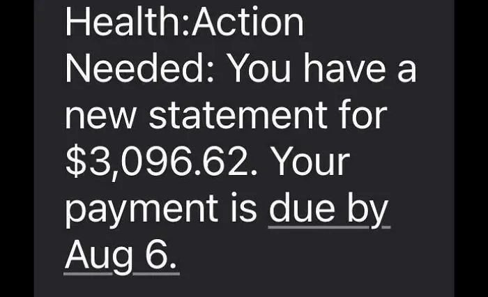 A text message showing an expensive healthcare bill of over three thousand dollars, reflecting modern life in America.