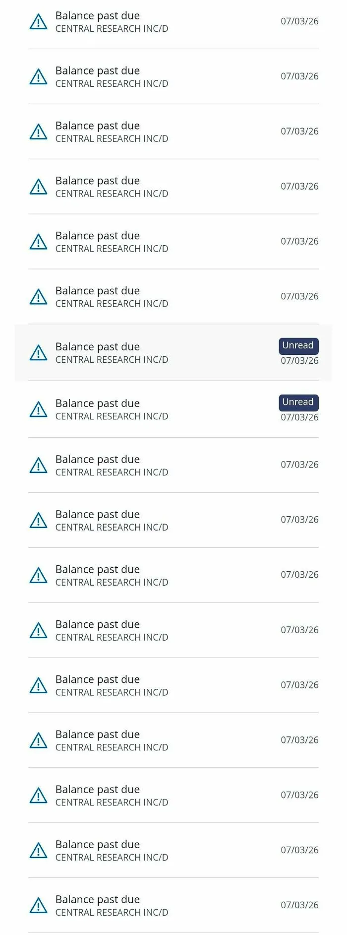 A smartphone screen showing numerous balance past due notifications, a stressful reality of modern life in America.