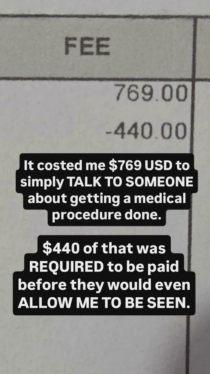 An image detailing expensive fees to discuss a medical procedure highlighting modern life in America