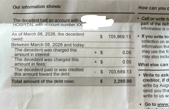 A hospital debt statement showing a large balance owed, depicting medical expenses in modern life in America.