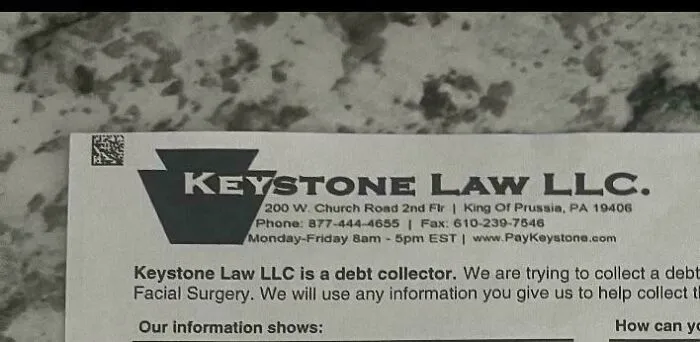 A Keystone Law LLC debt collection notice, depicting aspects of modern life in America.
