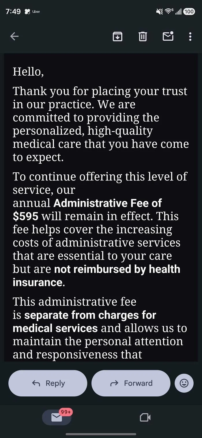 An email notice showing a 595 dollar annual medical administrative fee in modern life in America.