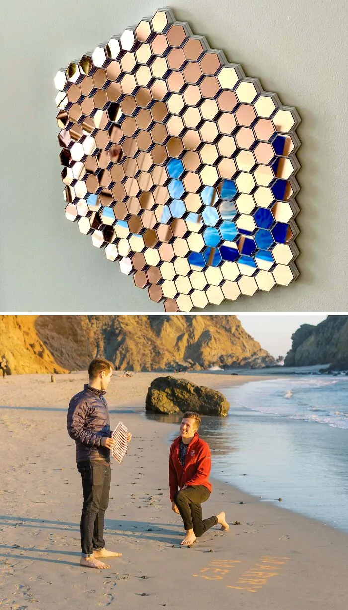 A 3D print honeycomb mirror art piece on a wall, and a beach proposal scene.