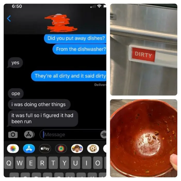 Text message chat about putting dirty dishes away instead of washing them, sharing common roommate stories.