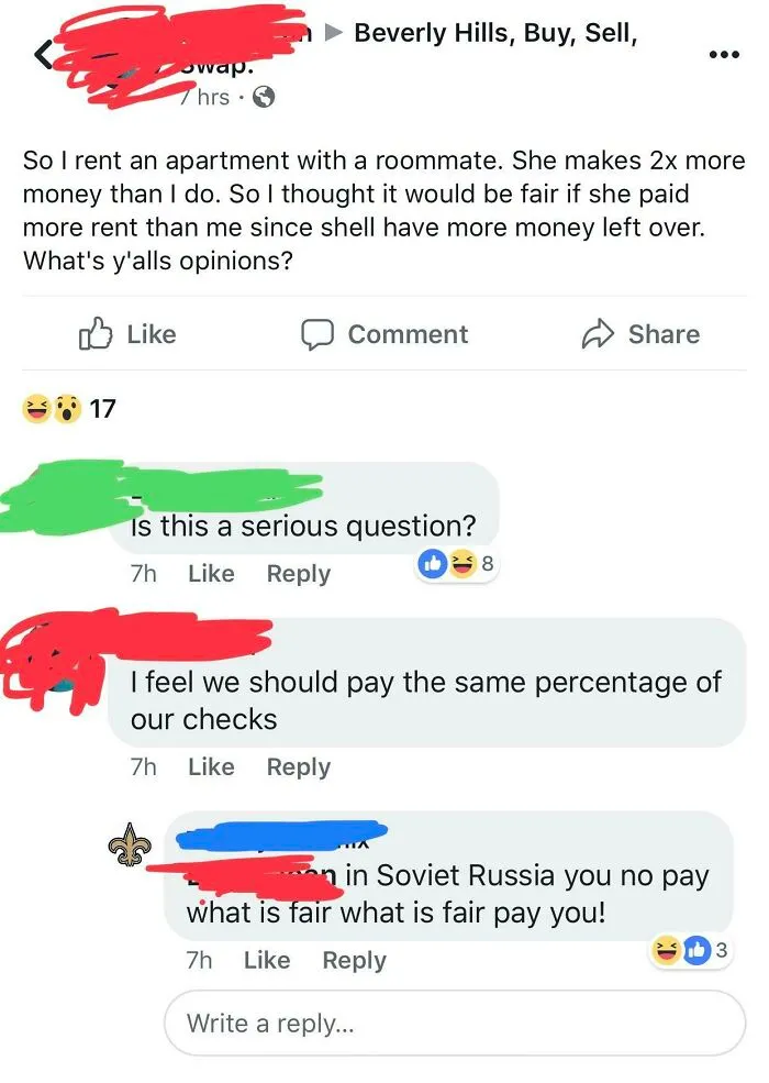 Social media comments about splitting rent in roommate stories