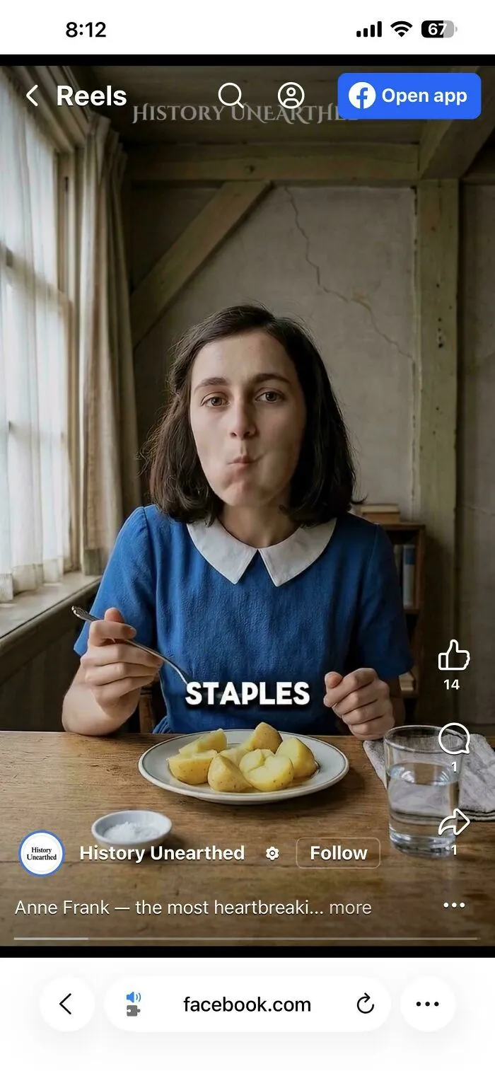 A social media video showing AI-generated Anne Frank eating, illustrating modern life in America