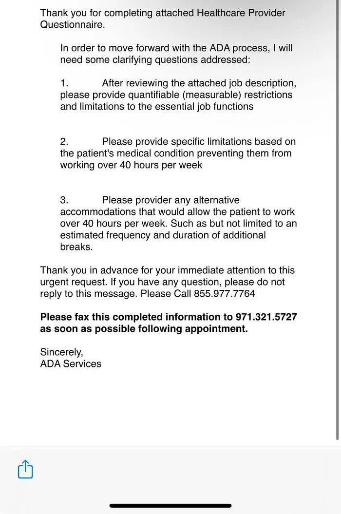 An ADA accommodation letter questionnaire illustrates the workplace complexities of modern life in America.