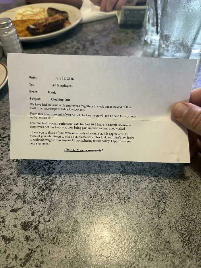 A restaurant manager note about clocking out policies reflects the stress of modern life in America.