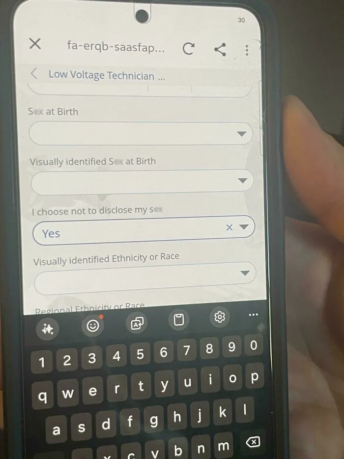 A digital job application form with identity questions shows elements of modern life in America.