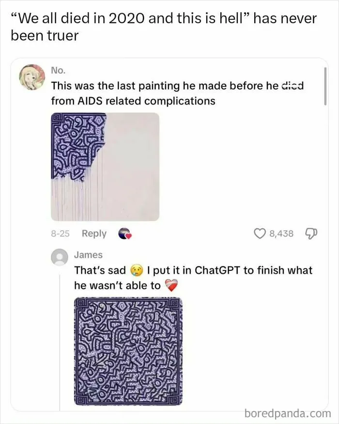 Meme displaying an incomplete Keith Haring painting finished by AI as an interesting post
