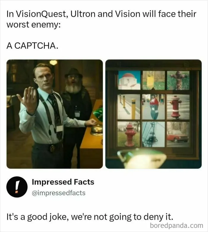 A funny Vision and Ultron meme about struggling with CAPTCHA validation