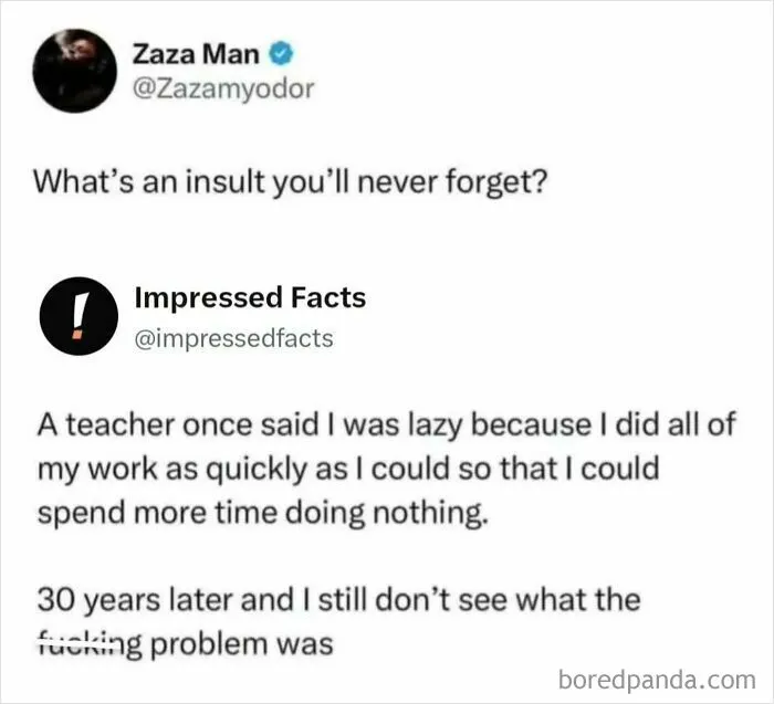Screenshot of a funny Twitter conversation about a teacher calling a student lazy for finishing work early