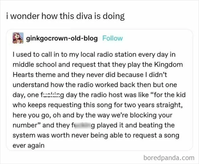 Tumblr text post about a radio request prank, perfect to get you through the day