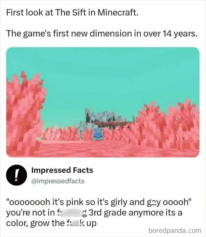 Minecraft screenshot showing a pink landscape and a Twitter comment about the color