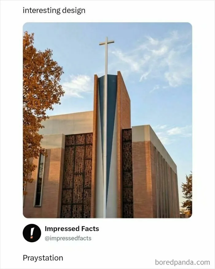 Interesting church design looking like a modern game console, captioned as a Praystation meme