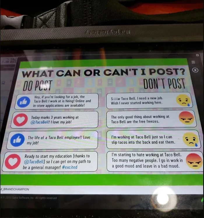 Corporate social media rules on what to post, showcasing an absurd aspect of modern life in America.