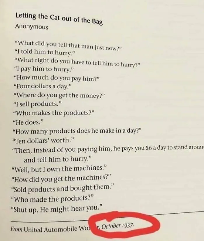 A historical text excerpt on labor and capitalism in modern life in America dating back to 1937