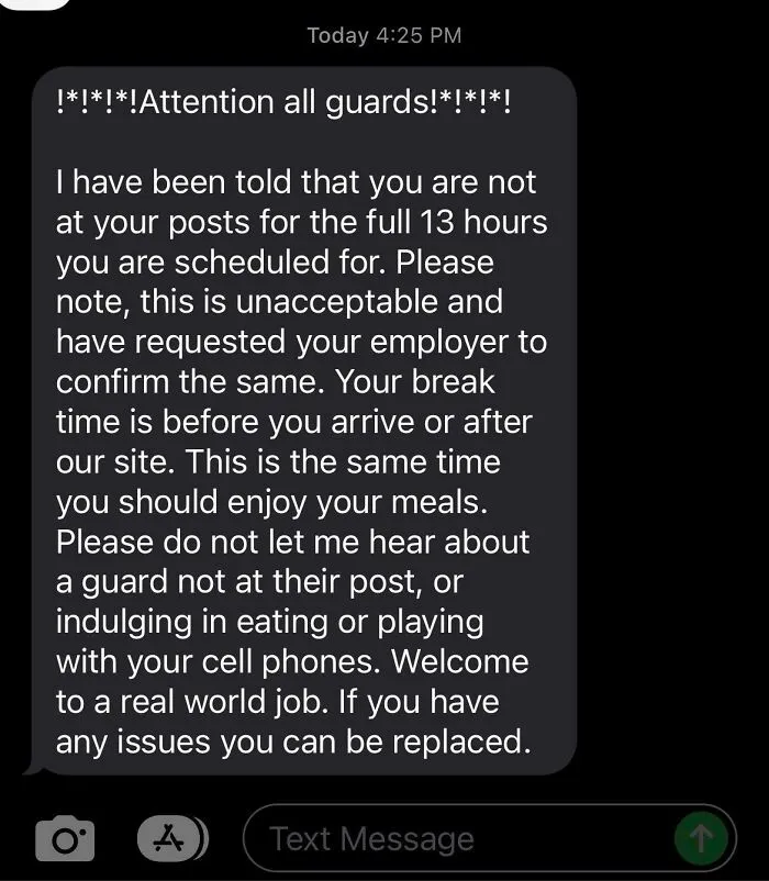 A harsh text message to security guards depicting the reality of modern life in America.