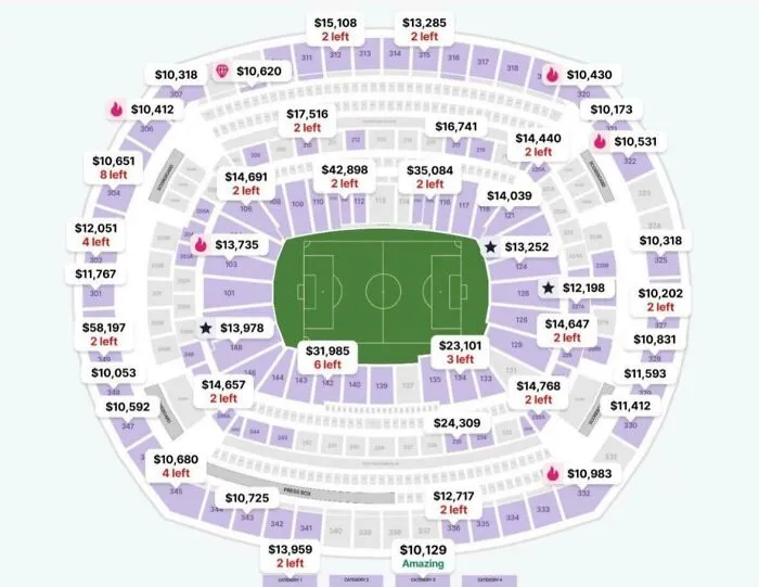 A stadium seating map with extremely high ticket prices, showing a reality of modern life in America.