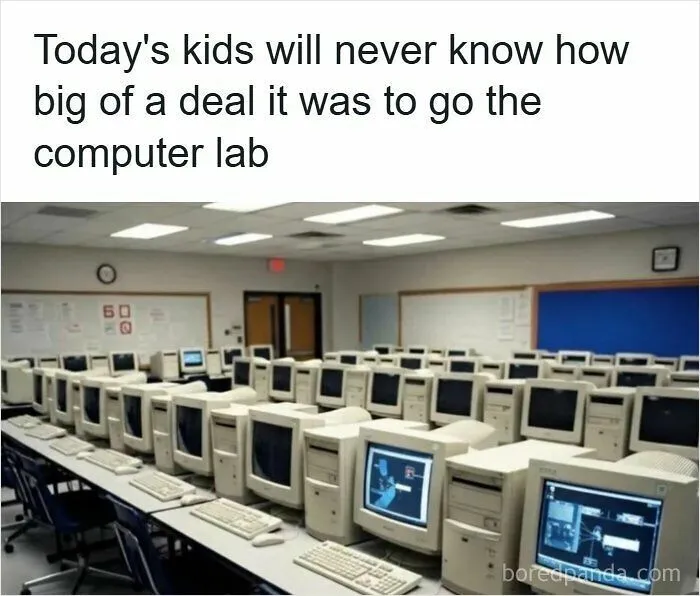 Retro school computer lab with rows of CRT monitors, perfect nostalgic images for 90s kids