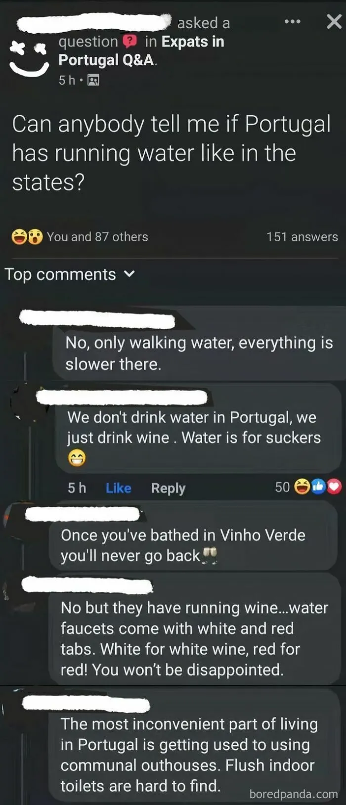 A Facebook comment thread showing people sarcastically responding to a cringey question about Portugal