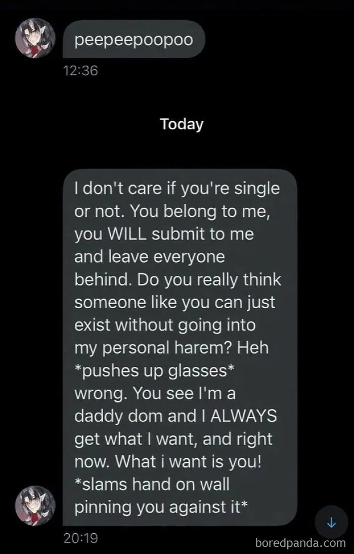 A cringey direct message exchange where a user roleplays as a daddy dom in an aggressive message