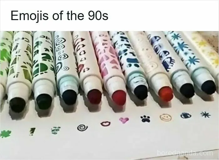 Colorful 90s stamp markers showing nostalgic images of shapes and patterns.