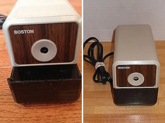 Retro Boston electric pencil sharpener with wood grain finish, nostalgic images from school days